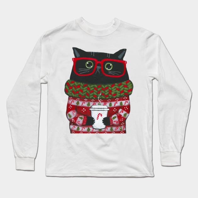 Christmas Coffee Cat Long Sleeve T-Shirt by KilkennyCat Art